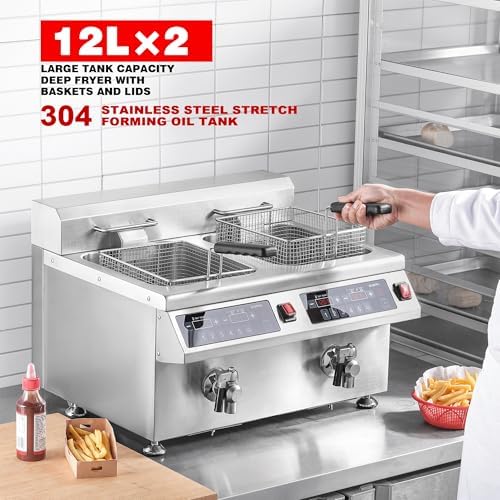 EGGKITPO 240V 7000W Commercial Induction Fryer 12L×2(25.4 QT) Electric Deep Fryer with Solid Baskets, 60 Minutes Timer Oil Drain Stainless Steel Bulid for Large Restaurant or Business Use