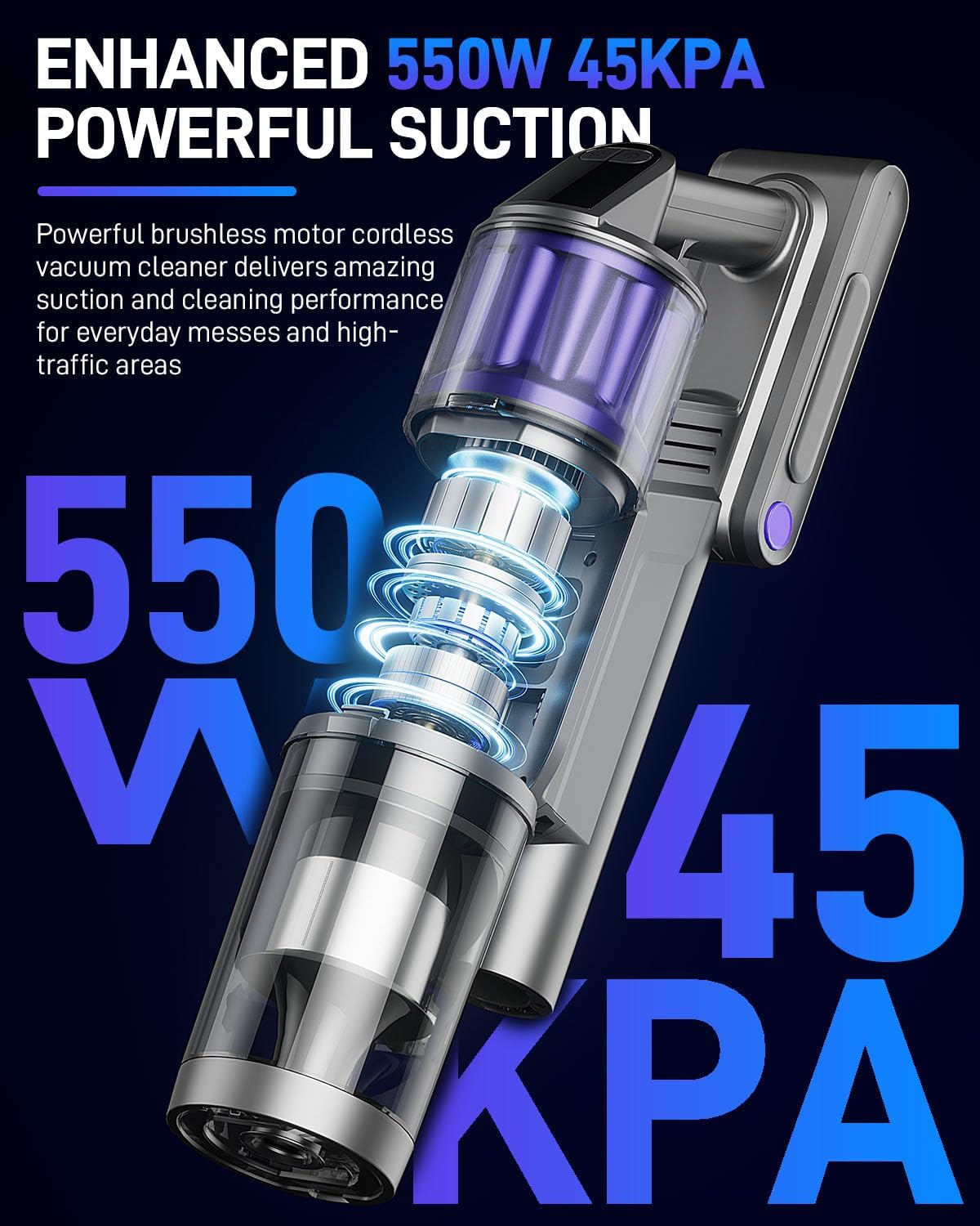 Cordless Vacuum Cleaner, Vacuum Cleaners for Home, 45KPA 550W Stick Handheld Portable 60 Mins Runtime Rechargeable Battery Pet Hair Hardwood Floor Vac, Household Lightweight Hand Vac, V10 Purple