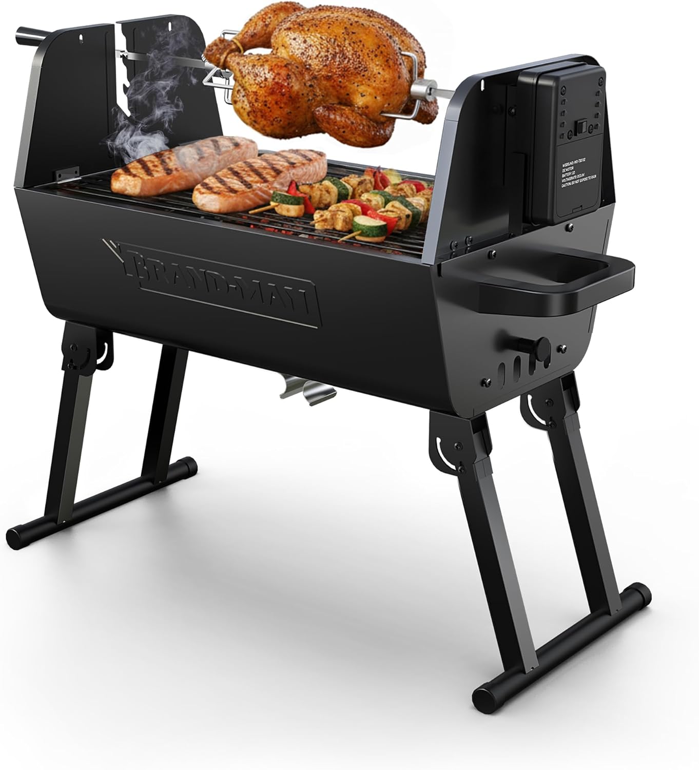 Brand‑Man 2‑in‑1 Charcoal BBQ Grill with Motorized Rotisserie – Portable, Foldable Grill, 257sqin Outdoor BBQ Grill for Camping & Tailgate, Adjustable Height, Dual Vents