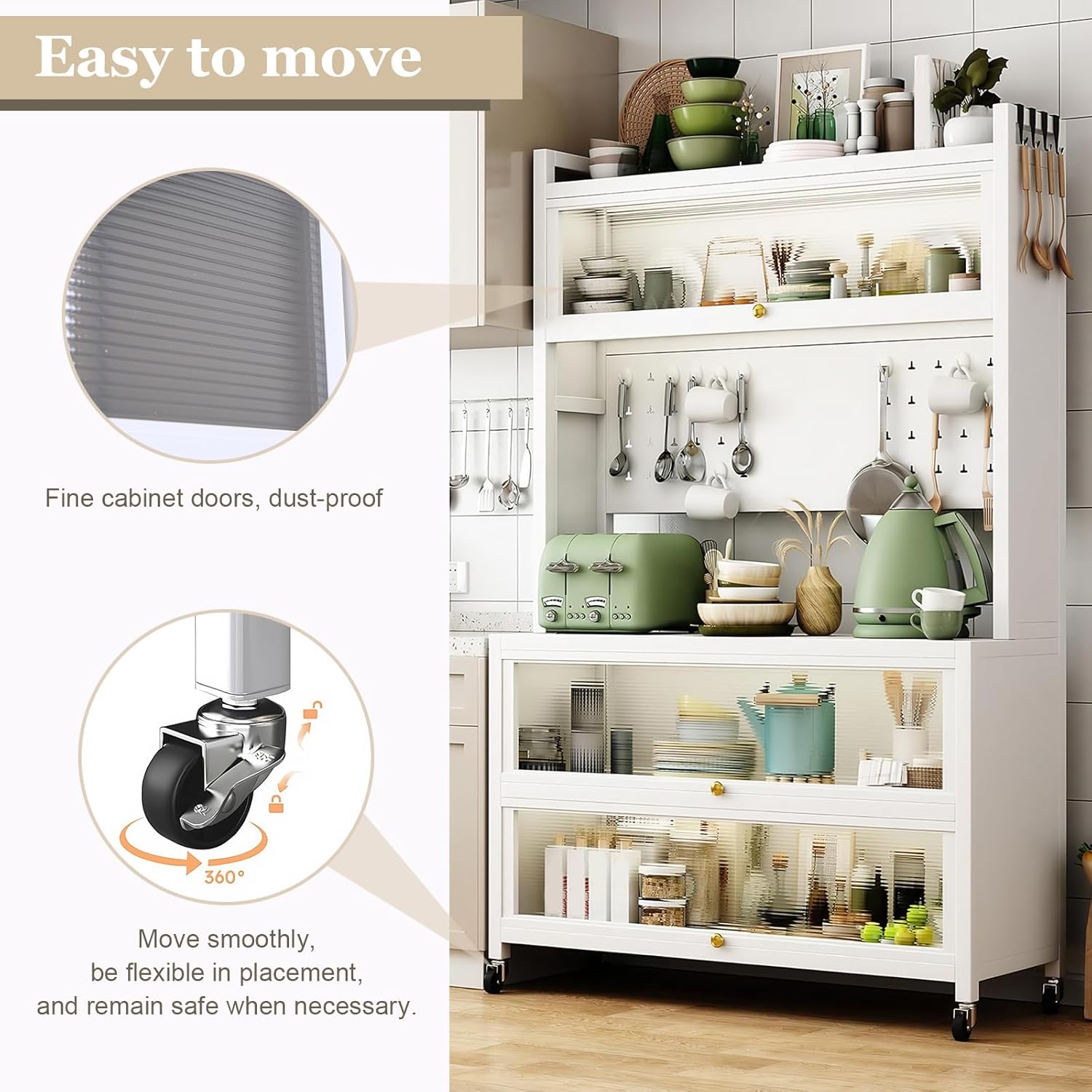 4-Tier Microwave Stand with Flip Door Storage Cabinet, Kitchen Baker's Rack, Standing Buffet Sideboard for Spices, Dishes, Pots, and Pans