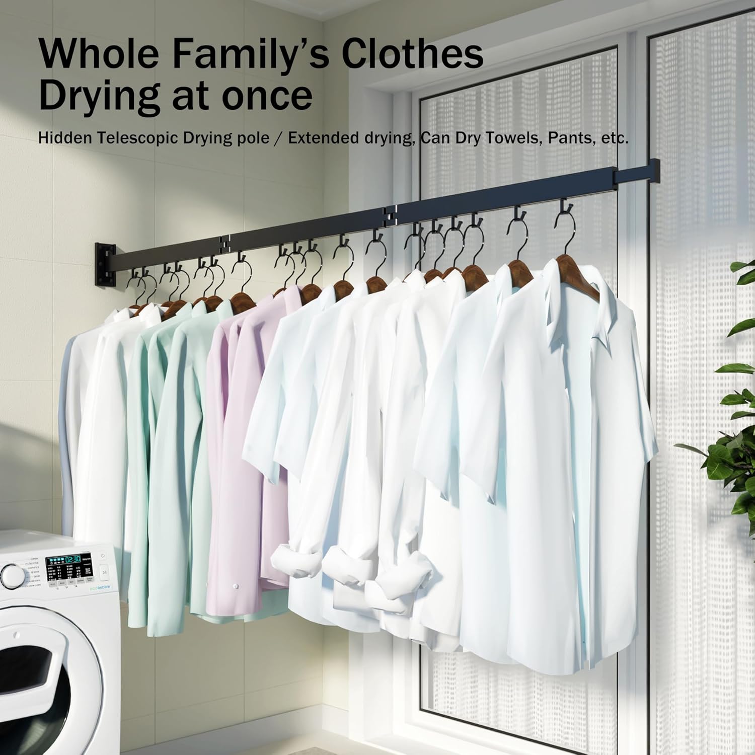 Clothes Drying Rack for Laundry,Wall Mounted Clothes Hanger Rack,Folding,Retractable,Collapsible(J Shape Hooks)
