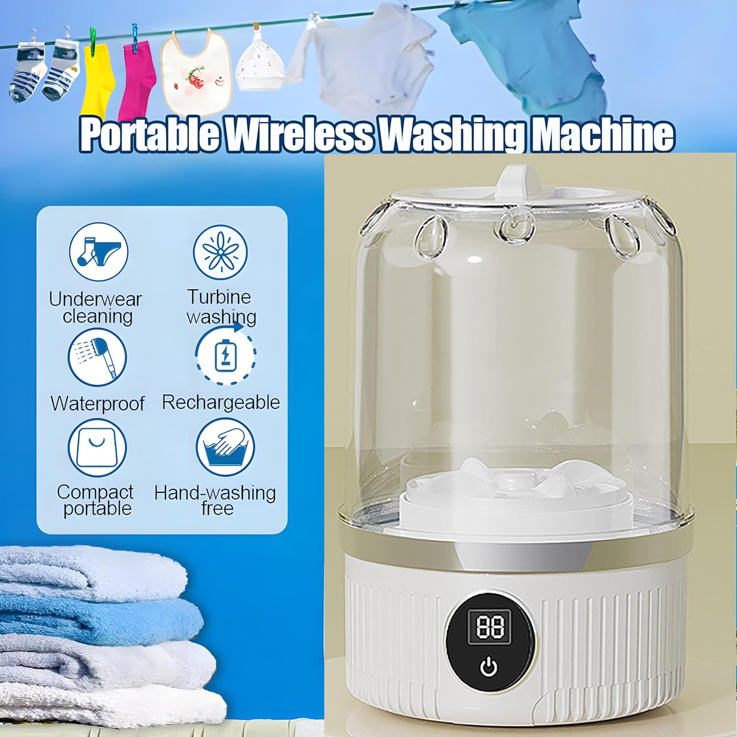 Cordless Portable Washing Machine for Delicates - 4000mAh Rechargeable Mini Washer with Gentle Cycle, Compact Laundry Solution for Bras/Underwear/Socks, Camping/RV/Dorms/Apartments (Blue)