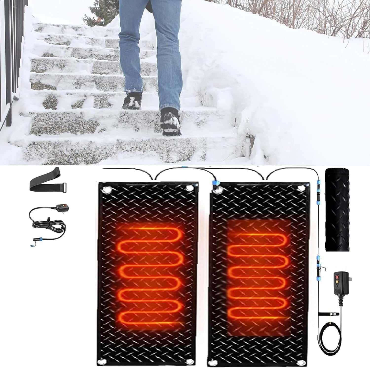 Heated mat for Snow, Heated Snow Melting mats for Stairs, Slip-Proof Entrances Walkway Mat, 2 in/h Melting Speed with Power Cord and Connecting line,2 Pcs-25.4x120cm/10x48in