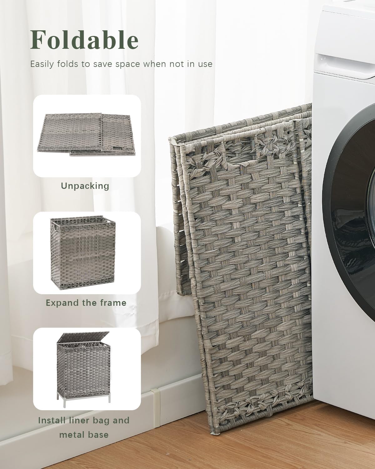 Laundry Hamper with Lid, 112 L Handwoven Rattan Wicker Laundry Basket, 2 Removable Liner Bags Metal Heightened Feet, 6 Mesh Bags, 2 Section Large Clothes Hamper for Bathroom Bedroom, Gray