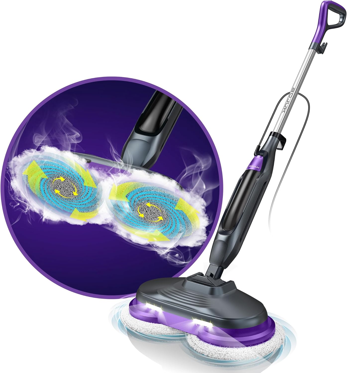 Steam & Scrub Mop with Rotating Mop Pads, LED Headlights, Adjustable Spin Control for Cleaning Hard Floor