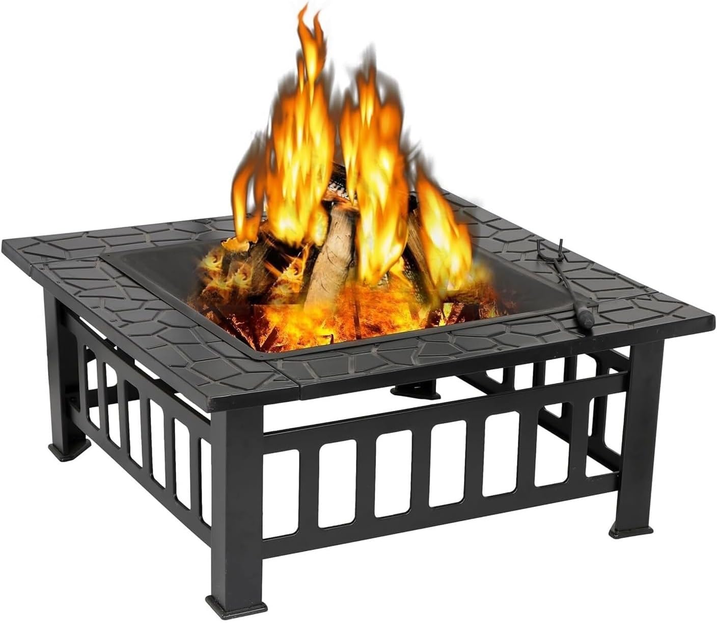 32 Inch Square Metal Fire Pit Table for Outdoor Backyard Patio Garden Multifunctional Fireplace Stove with Cover Applicable to Camping Barbecue Bonfire Picnics