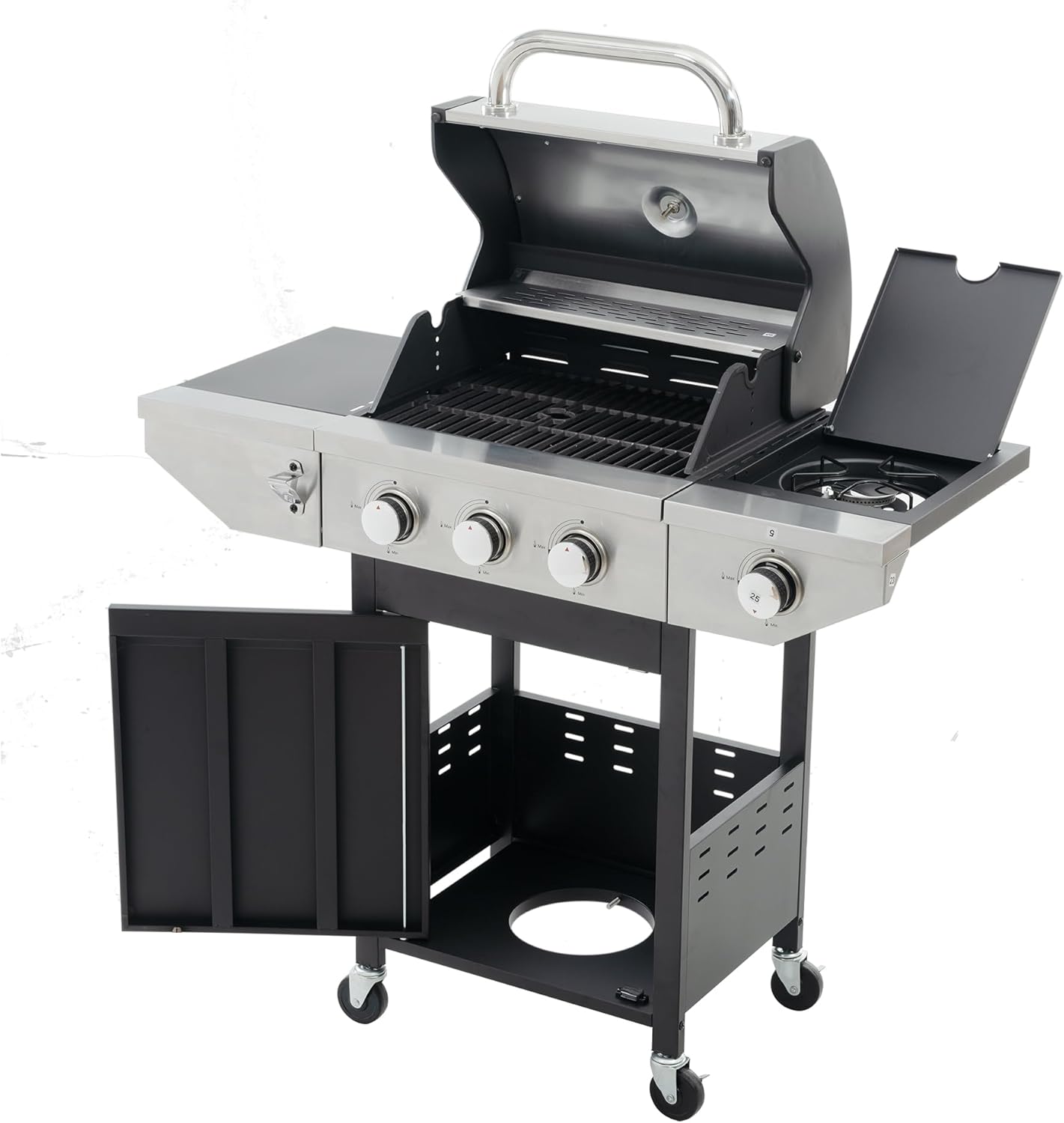 Propane Grill 3 Burner Barbecue Grill Stainless Steel Gas Grill with Side Burner, 37,000 BTU Outdoor Cooking, Patio, Garden Barbecue Grill, Black and Silver