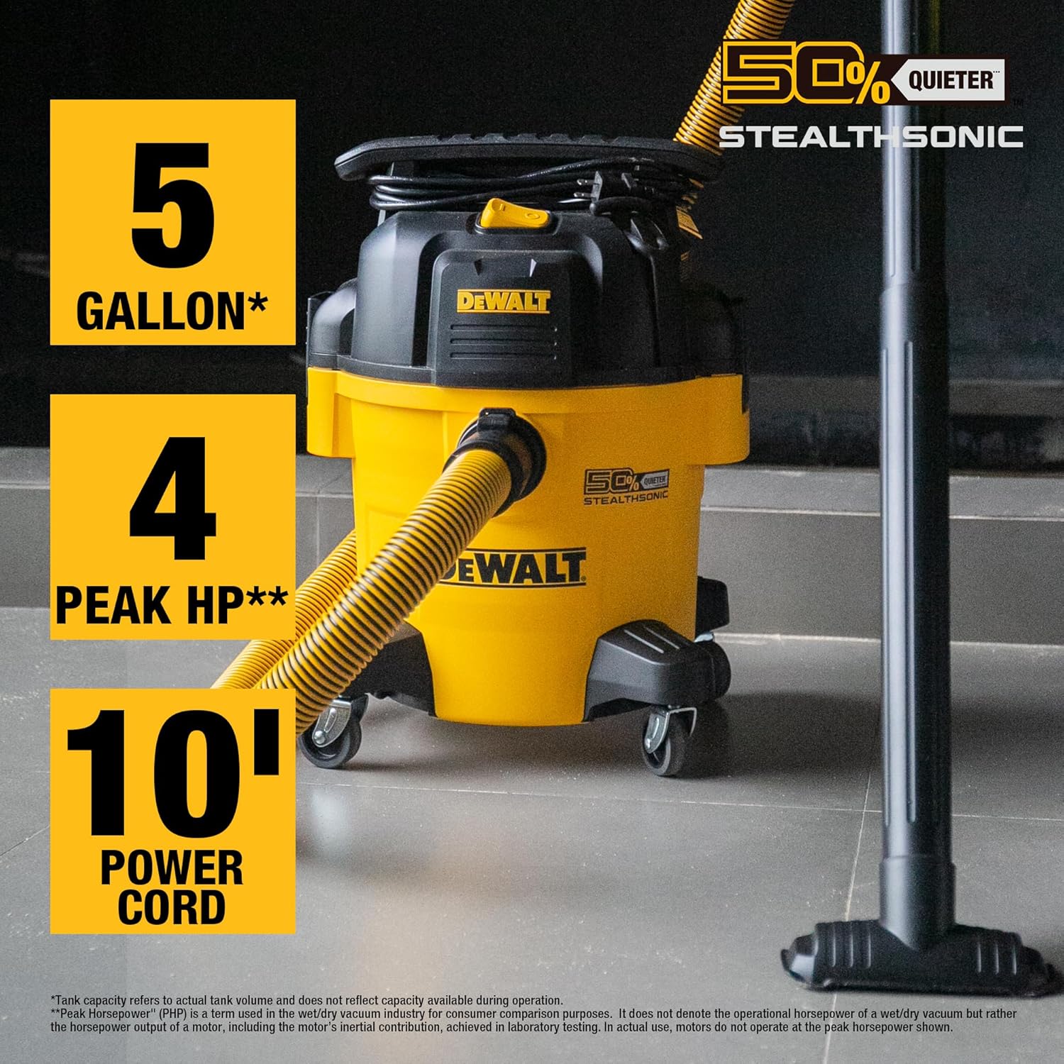 DEWALT Shop Vacuum 5-Gallon 4 HP STEALTHSONIC Wet/Dry Vacuum Cleaner DXV05P-QTB with 6 Dust Bags Ultra Quiet Poly Shop Vacuum with Powerful Suction for Garage, Jobsite, and Workshop