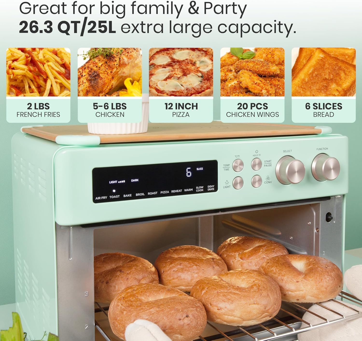 VAL CUCINA Retro Style Infrared Heating Air Fryer Toaster Oven, Extra Large Countertop Convection Oven 10-in-1 Combo, 6-Slice Toast, Enamel Baking Pan Easy Clean with Recipe Book, Green Color