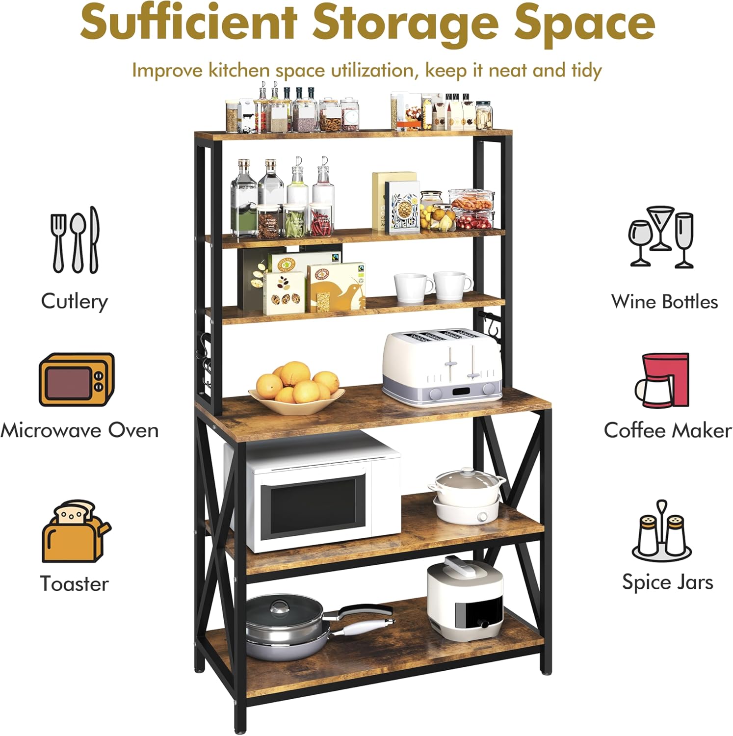 Yaheetech 6-Tier Kitchen Bakers Rack, 31.5 Inch Coffee Bar Table, Farmhouse Microwave Oven Stand Cabinet for Small Spaces, Corner Organizer Storage Shelf for Spices and Pots Rustic Brown