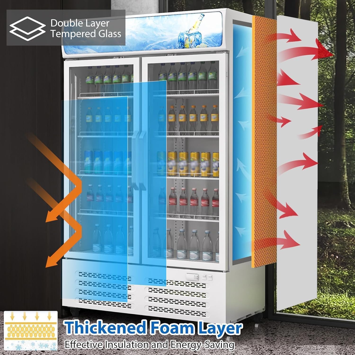 25 Cu.Ft. Commercial Beverage Display Refrigerator, Merchandiser Refrigerator Double Glass Door Display Fridge With 8 Adjustable Shelves, Upright Beverage Cooler with LED Lighting, White