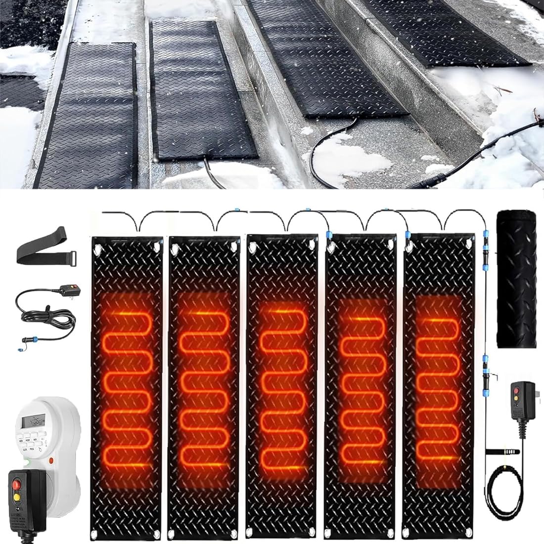 Heated Snow Melting Mats with Timer, 1/2/3/4/5 Pcs Non Slip Rubber Heated Mat,Winter Snow and Ice Melting Mat for Outdoor Stairs,Steps,Doorways,Walkways,Driveway(5 Pcs-12x48in/(30x120cm))