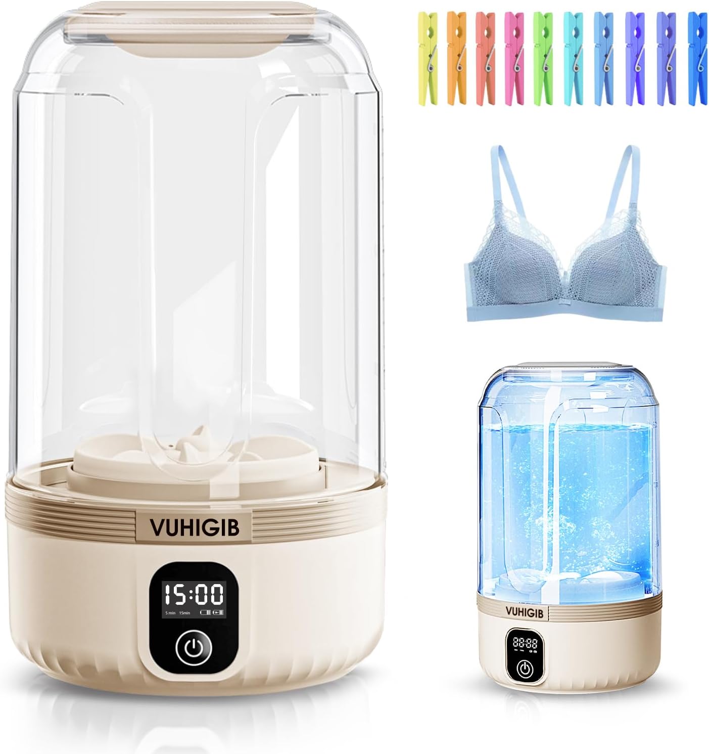 Portable Washing Machine, 7000mAh Rechargeable Wireless Washer with 10 PCS Clothespins Deep Cleans Baby Clothes Underwear Socks Delicates 1.5L Mini Washer for Travel Camping Dorm RV Apartment (Khaki)