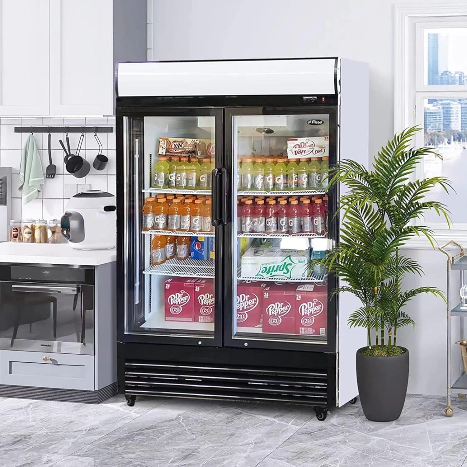 Merchandiser Refrigerator with 2 Glass Doors, 31 cu ft Beverage Display Cooler, Upright Fridge with LED Lighting, Adjustable Shelves for Beverages, Beer and Drinks, Swing Door, Black
