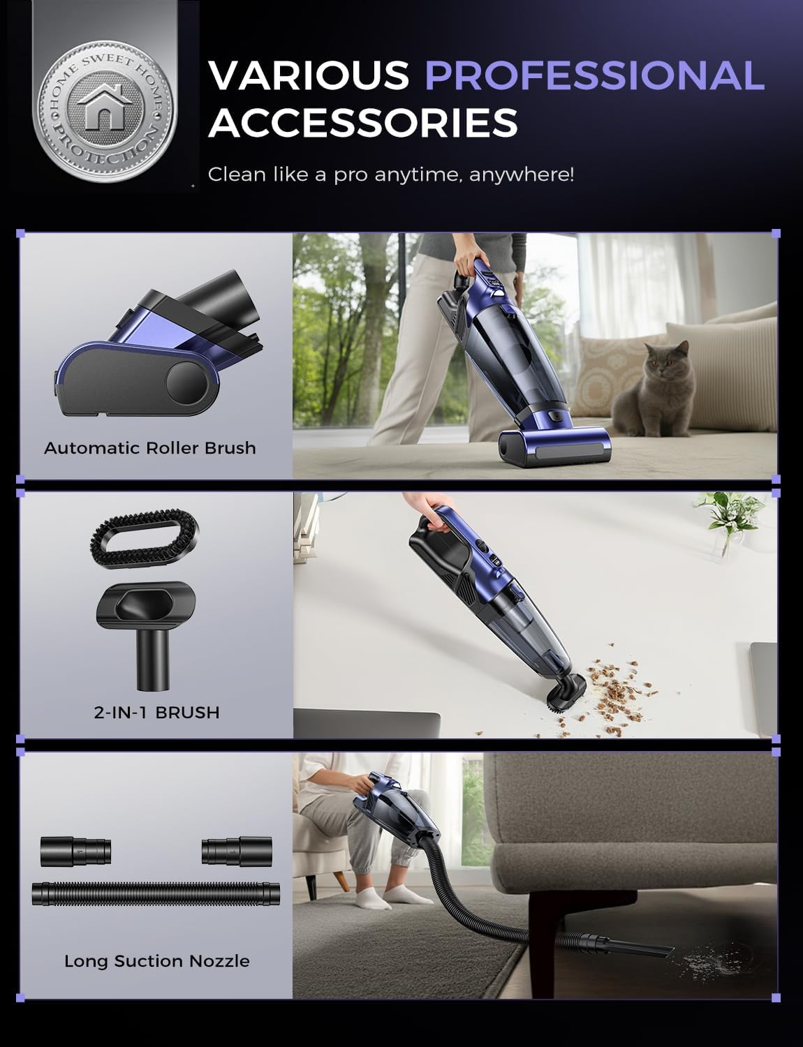 MAGIC JOHN Pet Hair Handheld Vacuum Cordless, 20000PA High Power Car Vacuum with Motorized Brush and LED Light, Rechargeable Hand Held Vacuum Cleaner with Reusable Filter for Car, Home, Office & Pet