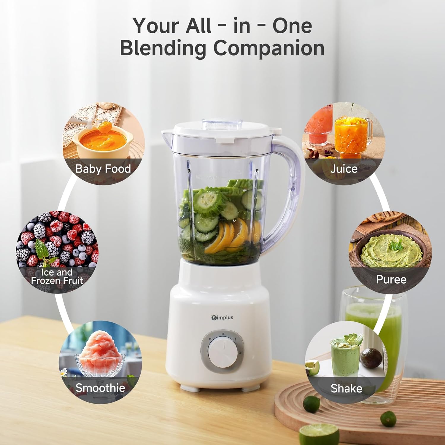 SIMPLUS White Blenders for Kitchen, 51oz Countertop Blender, Stainless Steels Professional Blenders, 3 Adjustable Speed Smoothie Maker for Juices, Puree, Shakes, Fruit Drinks, Sauces, Self-Cleaning