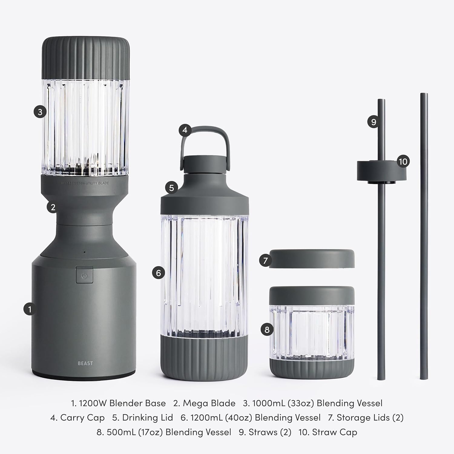 Beast Mega 1200 Plus | Premium Countertop Blender | Smoothies, Shakes, Sauces, Dips, Soups | Blends Ice and Frozen Fruit | XL Vessel | With Extra Vessels, Straw System | (Charcoal, 120V)