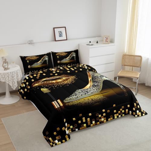 Manfei Gold Glitter Lips Comforter Set King Size, Black Golden High-Heeled Shoes Bedding Set 3pcs for Boys Girls Room Decor, Geometric Grid Quilt Set Fashion Duvet Set with 2 Pillowcases
