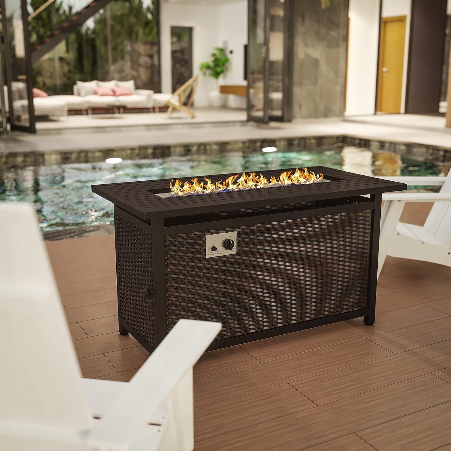 BizChair 50,000 BTU Outdoor Propane Fire Pit Table - Black Stainless Steel Tabletop and Espresso Wicker Base - 45