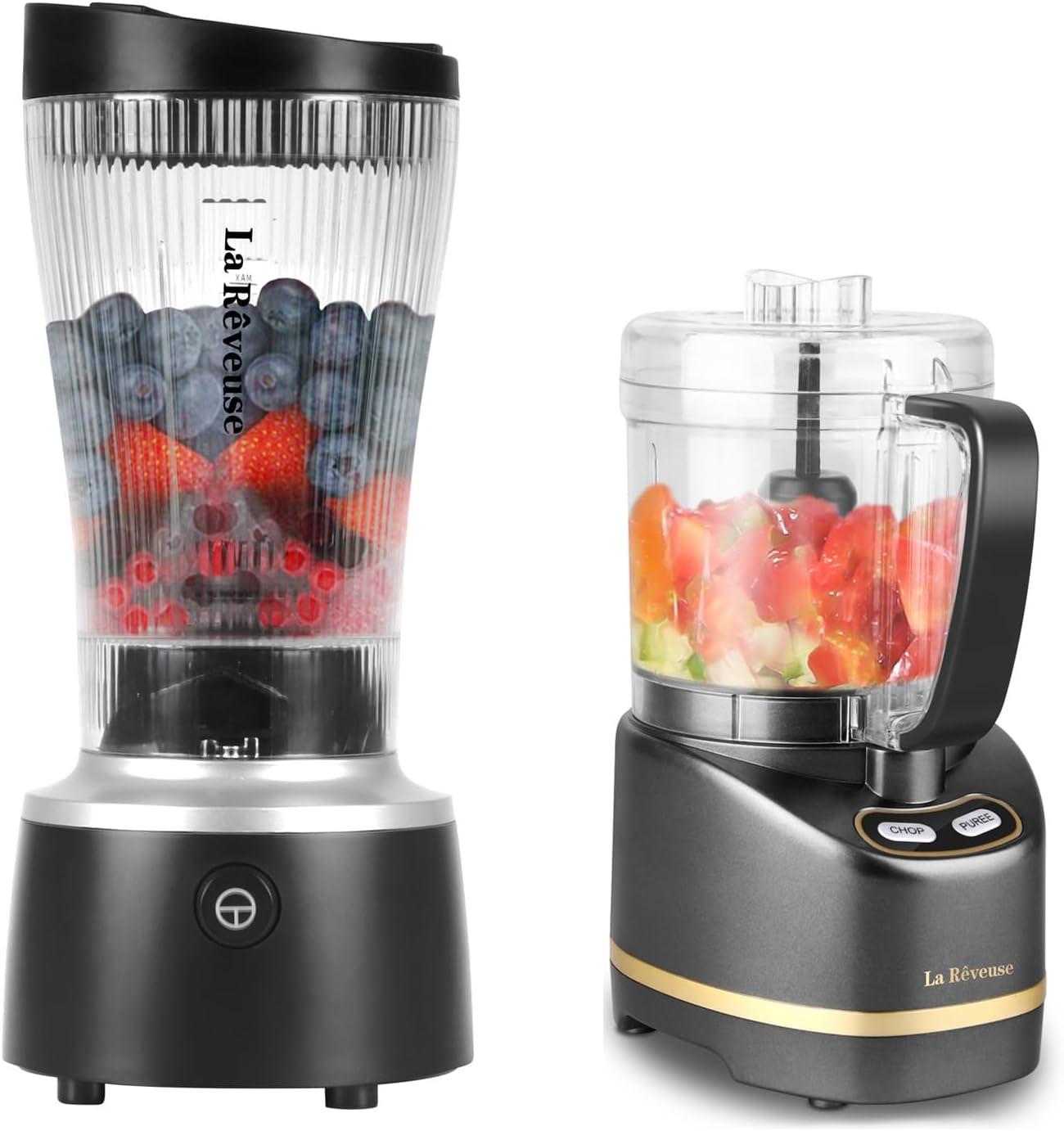 La Reveuse 250W Liberty Blender (Black) + La Reveuse 2-Cup Small Food Chopper (Metallic Grey)