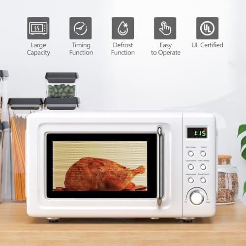 Retro Countertop Microwave Oven, Large 0.7Cu.ft, 700-Watt, Cold Rolled Steel Countertop with Time Setting, Glass Turntable Plate, Pre-Programmed Cooking Settings, LED Display, Child Lock (White)
