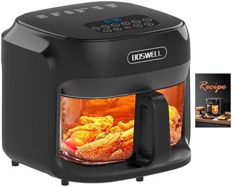 BOSWELL Glass Air Fryer, 7.5QT with Transparent Fry Bowl, Circulating Heating, Temperature Control, Air Fryer Roast, Dishwasher Safe