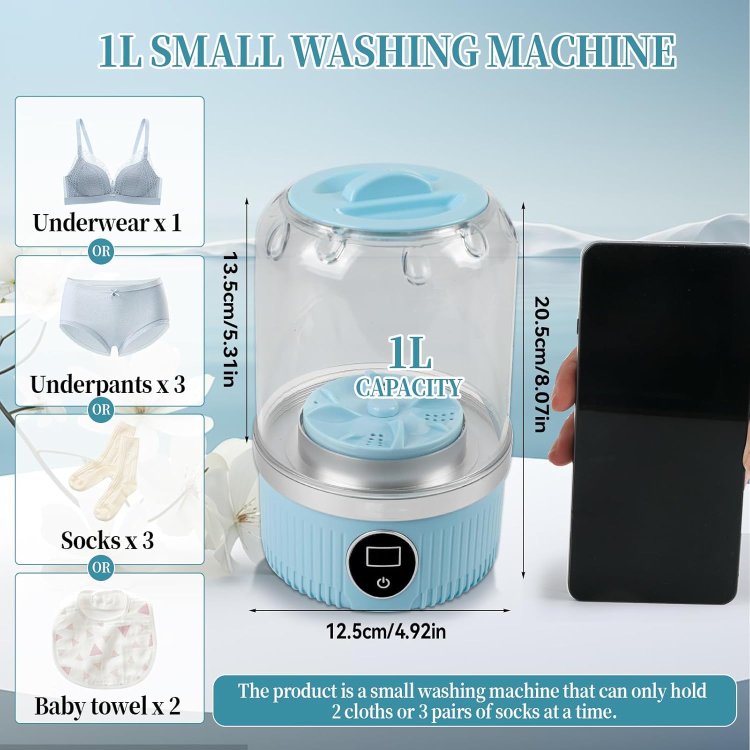 JOJOCY Portable Mini Washing Machine, Rechargeable 15W Cordless Underwear Washer for Bra, Socks, Baby Clothes, Travel & Dorm Use USB-Powered Laundry Cup 2 Wash Modes (Blue)