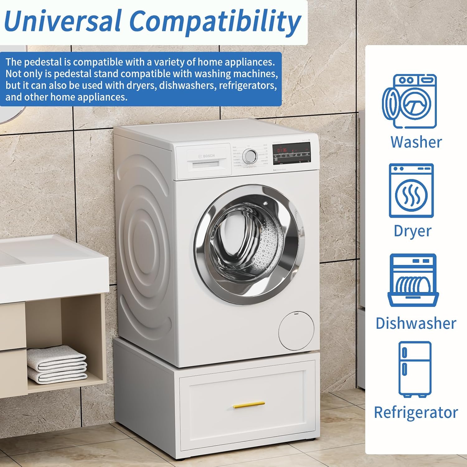 Washer Dryer Pedestals with Drawer, Metal Freestanding Washer and Dryer Pedestals, 440LBS Heavy Duty Anti-Vibration Washing Machine Stand, Universal Laundry Pedestal (WHITE)