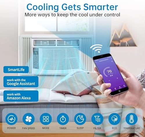 Smart 6000 BTU Window Air Conditioner with WiFi, Window AC Unit with Remote & App Control, Timer Function & Easy Install Kit, for Rooms Up to 350 Square Feet, 115V/60Hz, White