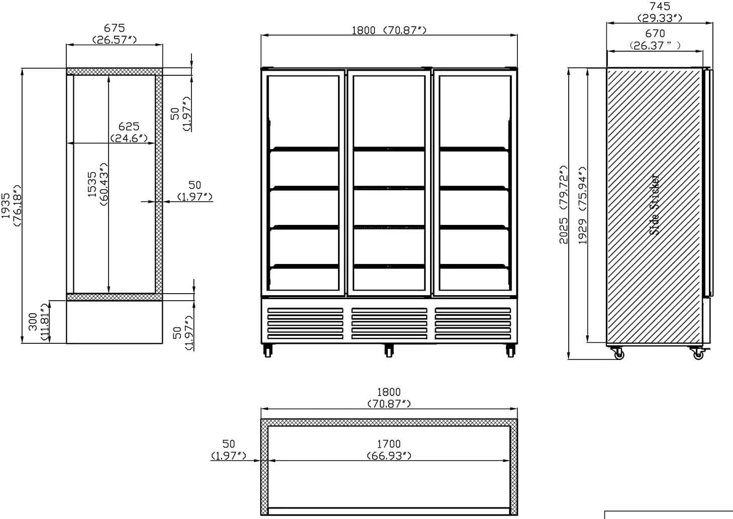 71” Wide Commercial Beverage Refrigerator Display Fridge, Three Glass Door Stainless Steel Merchandiser Drink Cooler With LED Light Adjustable Shelves,ETL Sanitation,63.5 Cu Ft,Black,(Wheels Included)