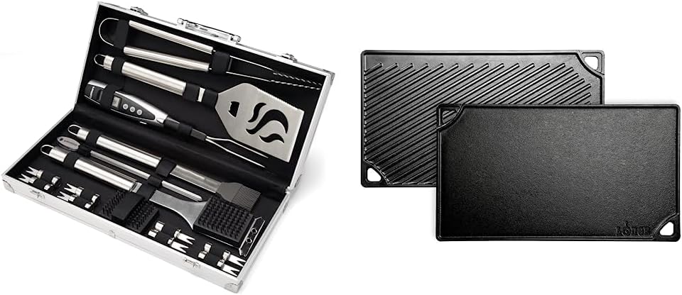 Cuisinart CGS-5020 BBQ Tool Aluminum Carrying Case, Deluxe Grill Set, 20-Piece & Lodge LDP3 Reversible Grill/Griddle, 9.5-inch x 16.75-inch