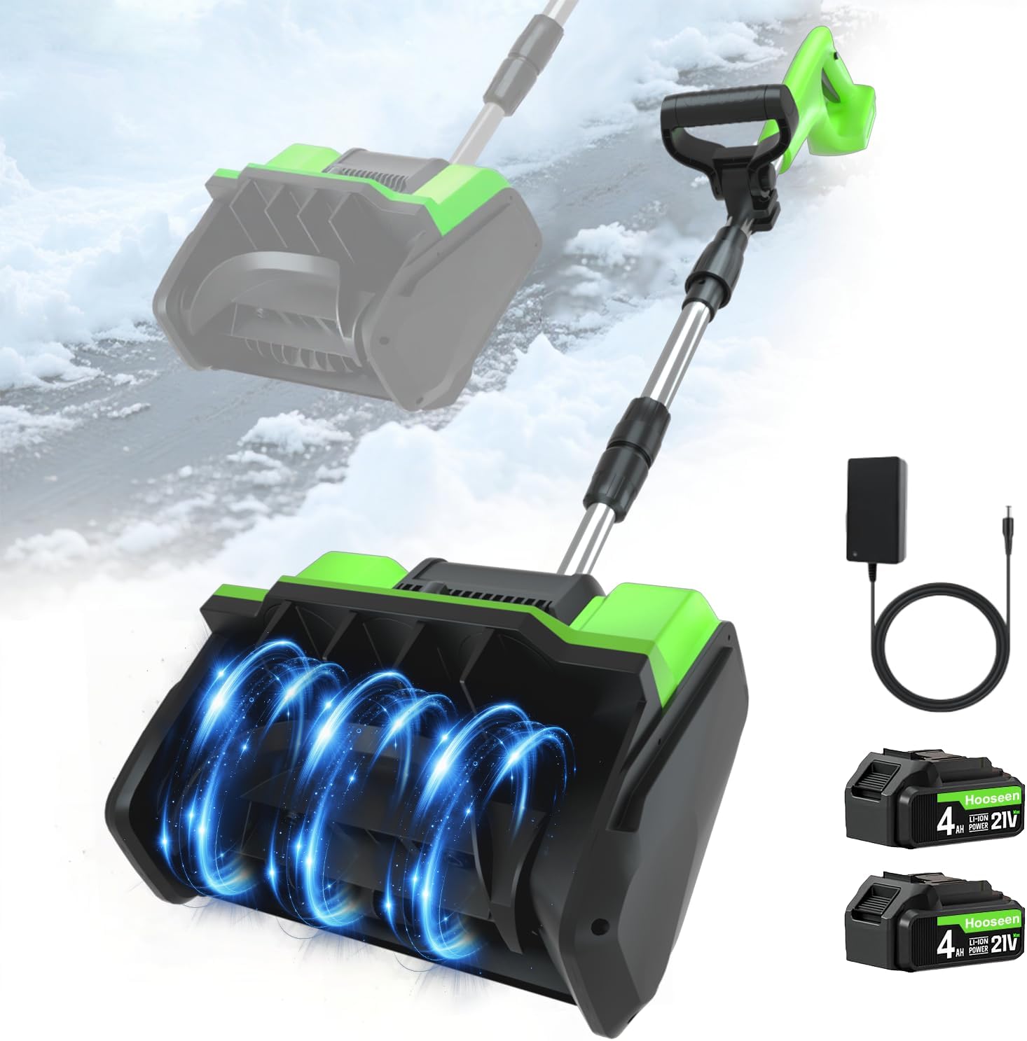 Cordless Snow Shovel, 21V Electric Cordless Snow Blower with Battery and Charger, 19FT Throw Distance, Lightweight 9.9lb for Driveway, Steps, Patio, Sidewalk(Green)