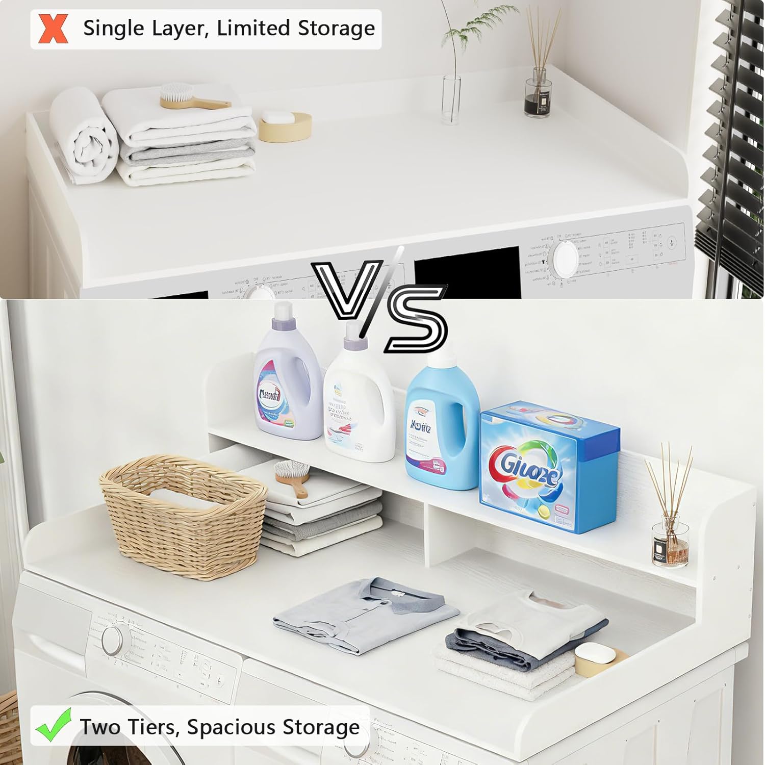Fabuday 2-Tier Wood Washer Dryer Countertop with Shelf - Two Layers Laundry Topper for Storage & Organization, 54''x27.5''x11.9'' Counter Table with Edge Over Washing & Dryer, Crisp White