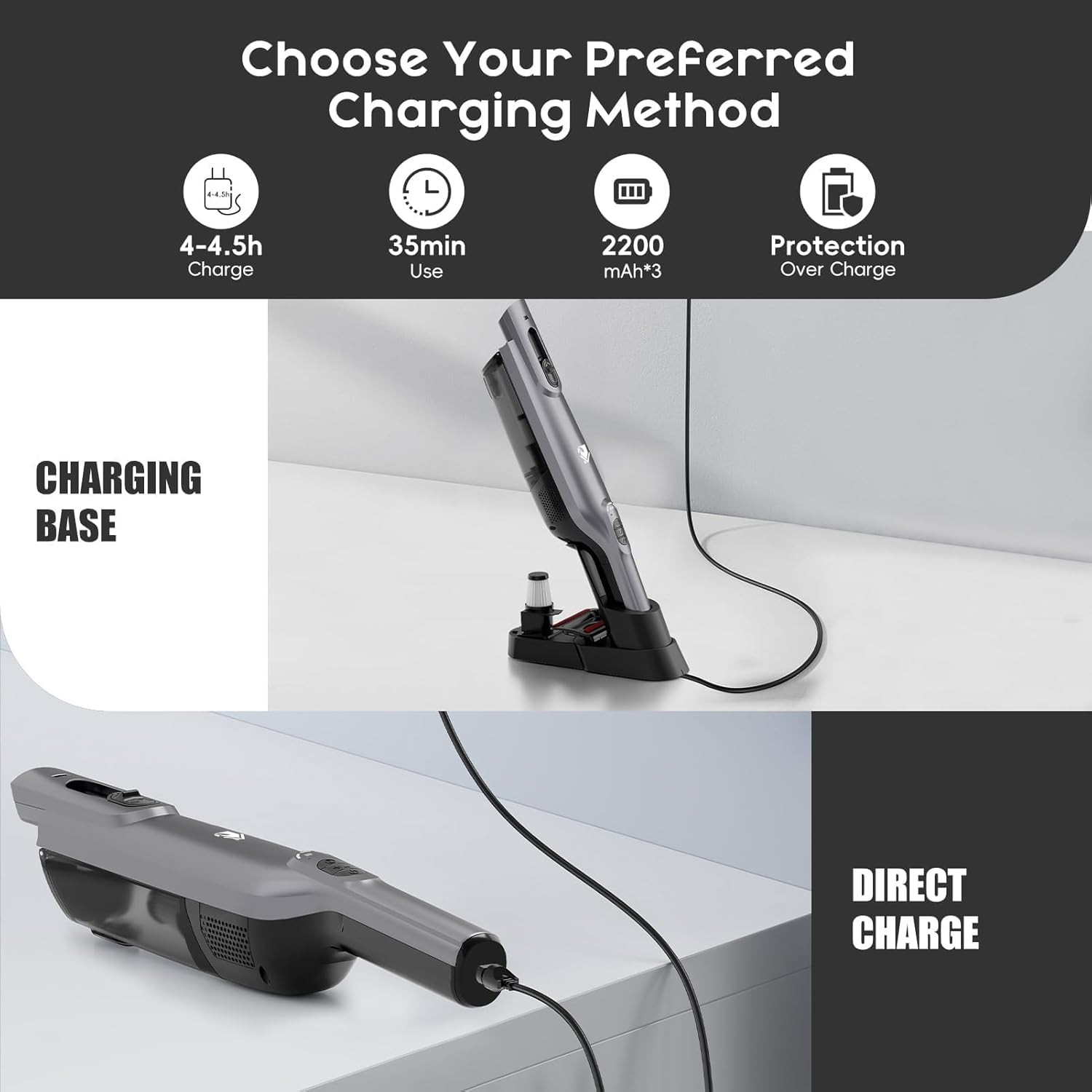 Cordless Handheld Vacuum, Lightweight Portable Hand Vacuum Cleaner with LED Light,Rechargeable Hand Held Vacuum with One-Touch Empty, Powerful Suction for Office, Home,Car,Gray