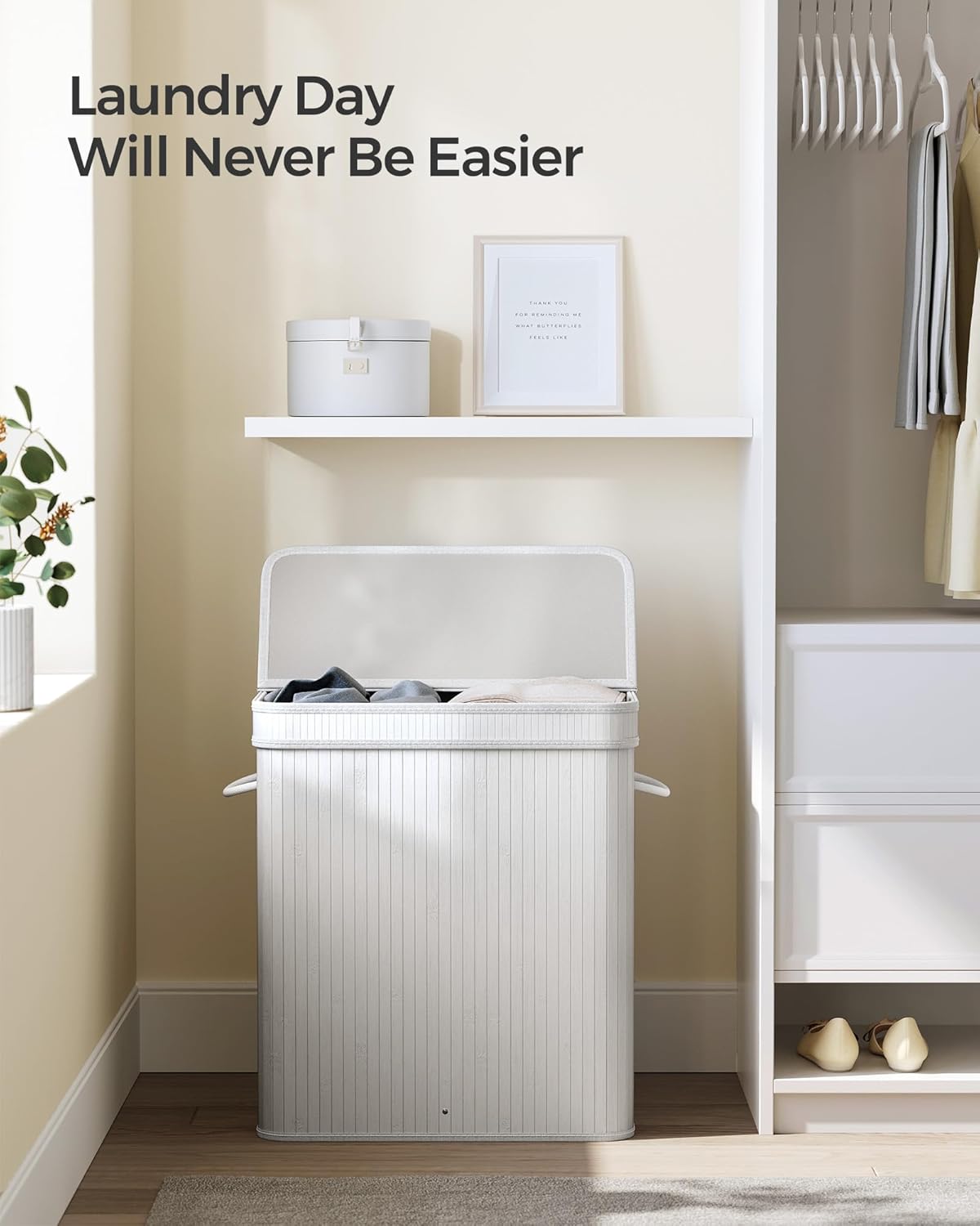 SONGMICS Laundry Hamper with Lid, Bamboo Laundry Basket, Removable Machine Washable Laundry Basket, with Handles, 26.4-Gallons, for Laundry Room, Bedroom, Bathroom, Cloud White ULCB063W01