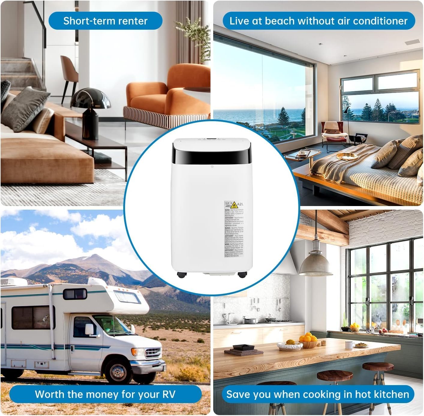 10000 BTUs Portable Air Conditioner, Cools up to 450 Sq. Ft. 3-in-1 Cooling, Dehumidification, Fan Mode, with Remote Control and Window Mounting Kit, LED Display, 24-Hour Timer, for Living Rooms