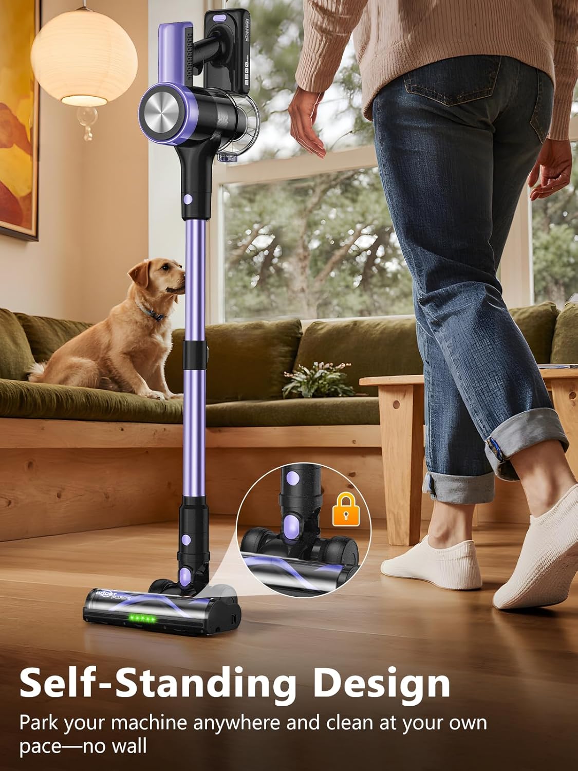 Cordless Vacuum Cleaner, 46KPa/500W Stick Vacuum with 55 Mins Runtime, Self-Standing Vacuum Cleaner for Home, LED Display, Anti-Tangle Brush, Rechargeable Vacuum for Hardwood Floor, Pet Hair (Violet)