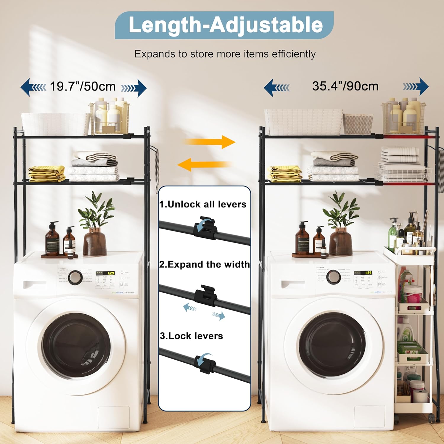 Laundry Room Storage Shelf & Organizer, 2 Tier Metal Over Washer and Dryer Shelves, Washing Machine Shelf with Hanger Rod, Expandable Bathroom Space Saver Shelf, 26–37