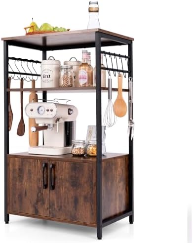 GOFLAME Kitchen Baker's Rack with Cabinet, 3-Tier Pantry Cabinet with 2 Open Shelves, 10 S-Shaped Hooks, Industrial Microwave Oven Stand with Metal Frame, Bookshelf Rack for Living Room, Brown