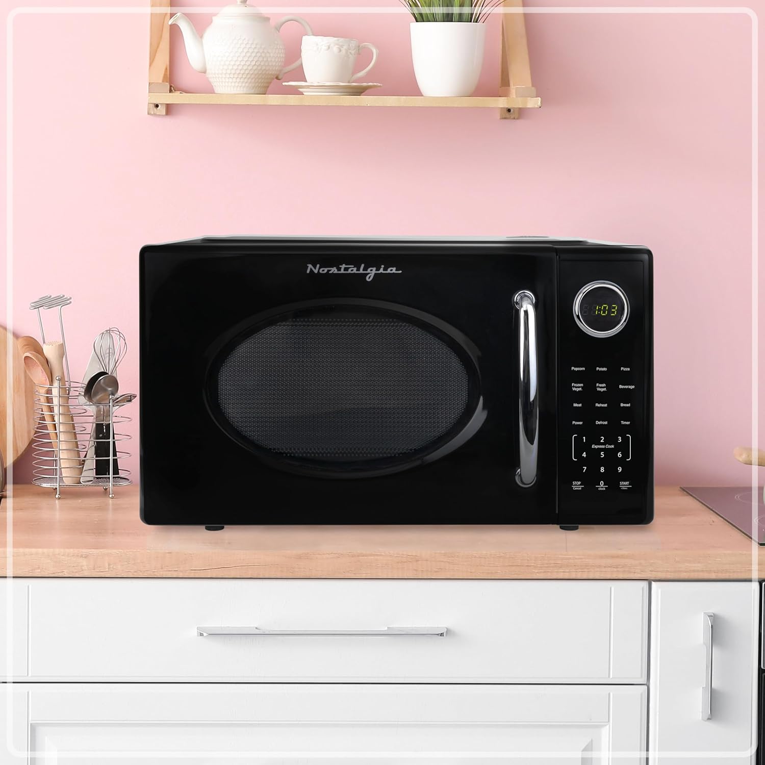 Nostalgia Retro 1000W Microwave Oven 1.1 Cu Ft Capacity – Child Safety Lock, 8 Auto-Cook Settings – Countertop Kitchen Appliance – Black