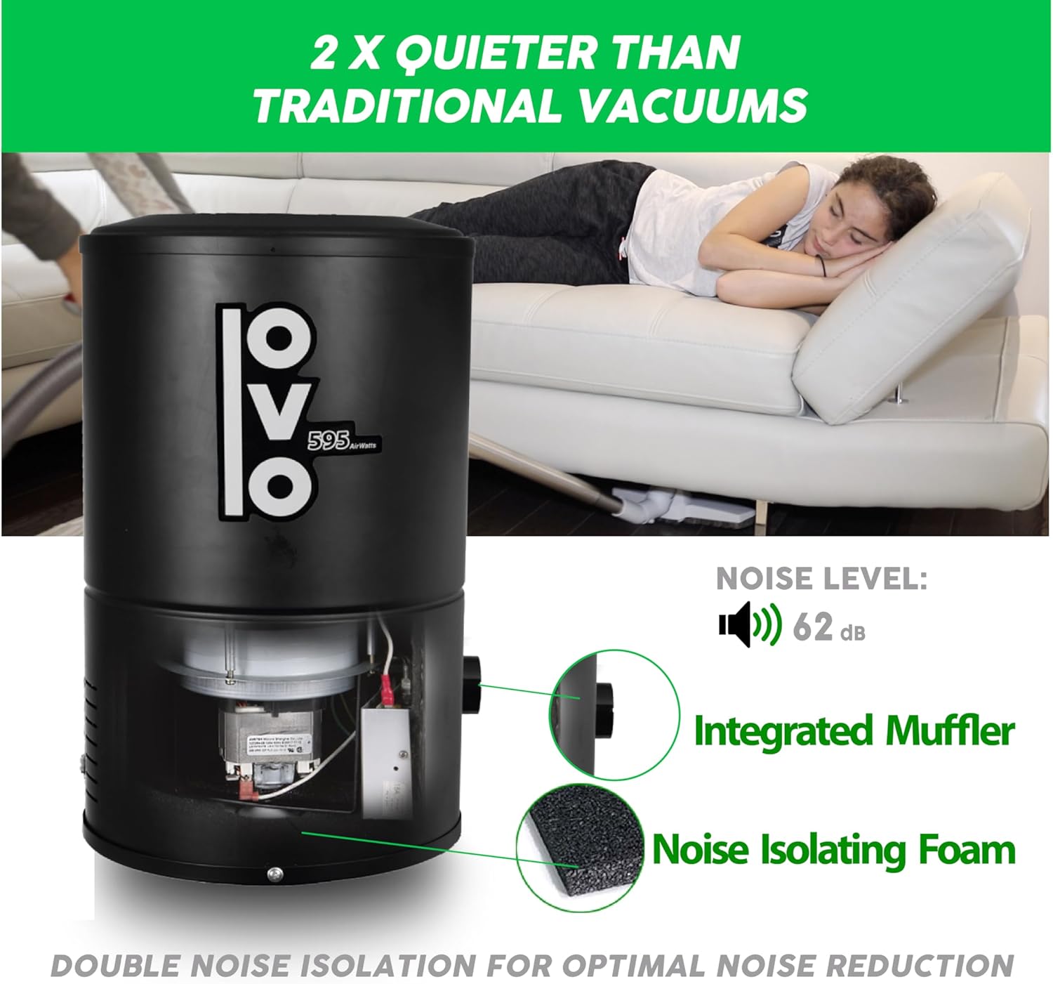 OVO Wall Mounted House Vacuum Cleaner, fits in Closet and Tight Spaces, 595 Airwatts, Use with Disposable Filtration Bags, 18L / 4.75 gal, with 40 ft Carpet Deluxe Accessory kit Included