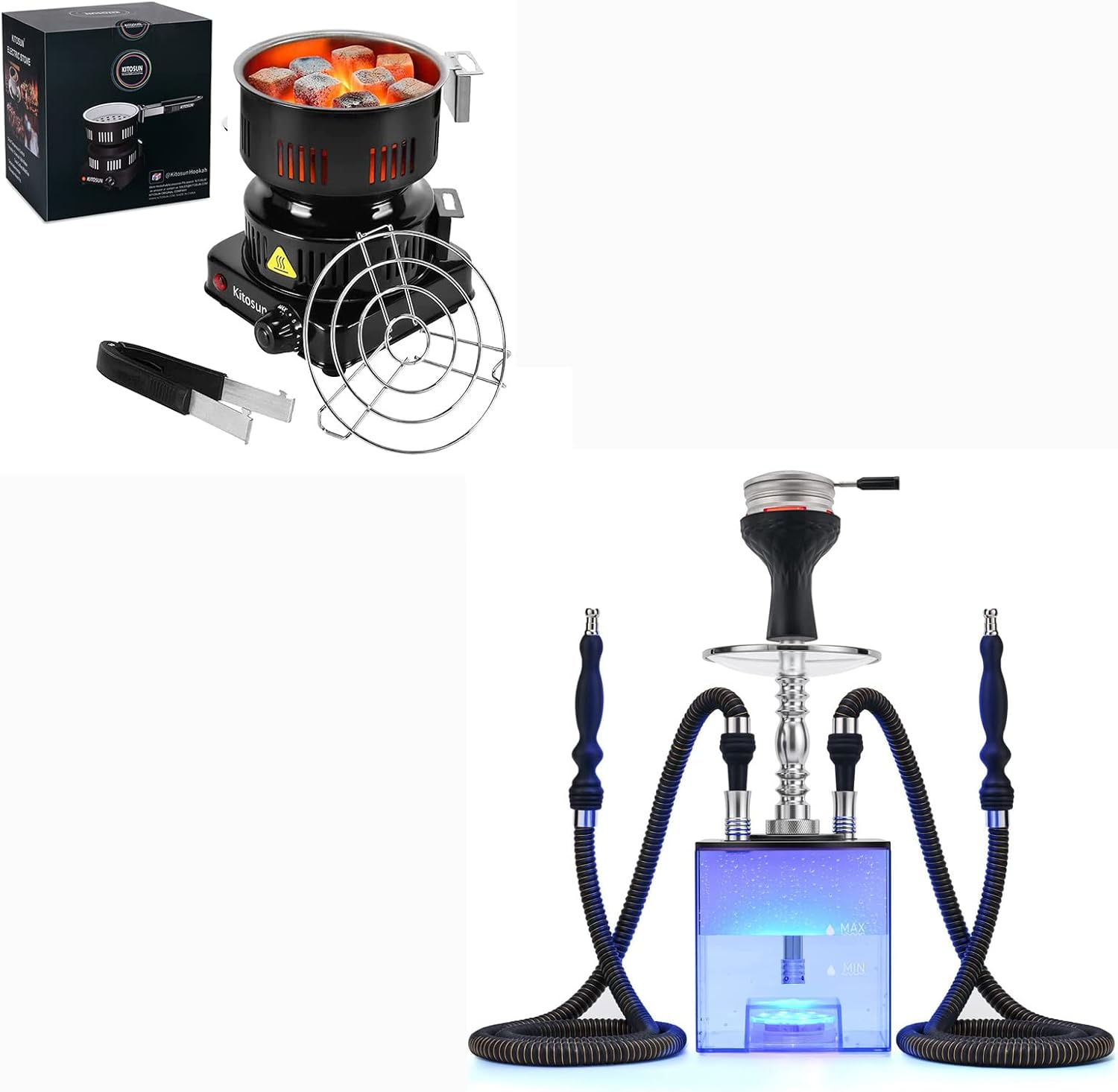 Kitosun Updated Cube Modern Hookah Set with Everything - Coconut Charcoal Starter - ETL Approved Hot Plate 120V~600W with Detachable Handle