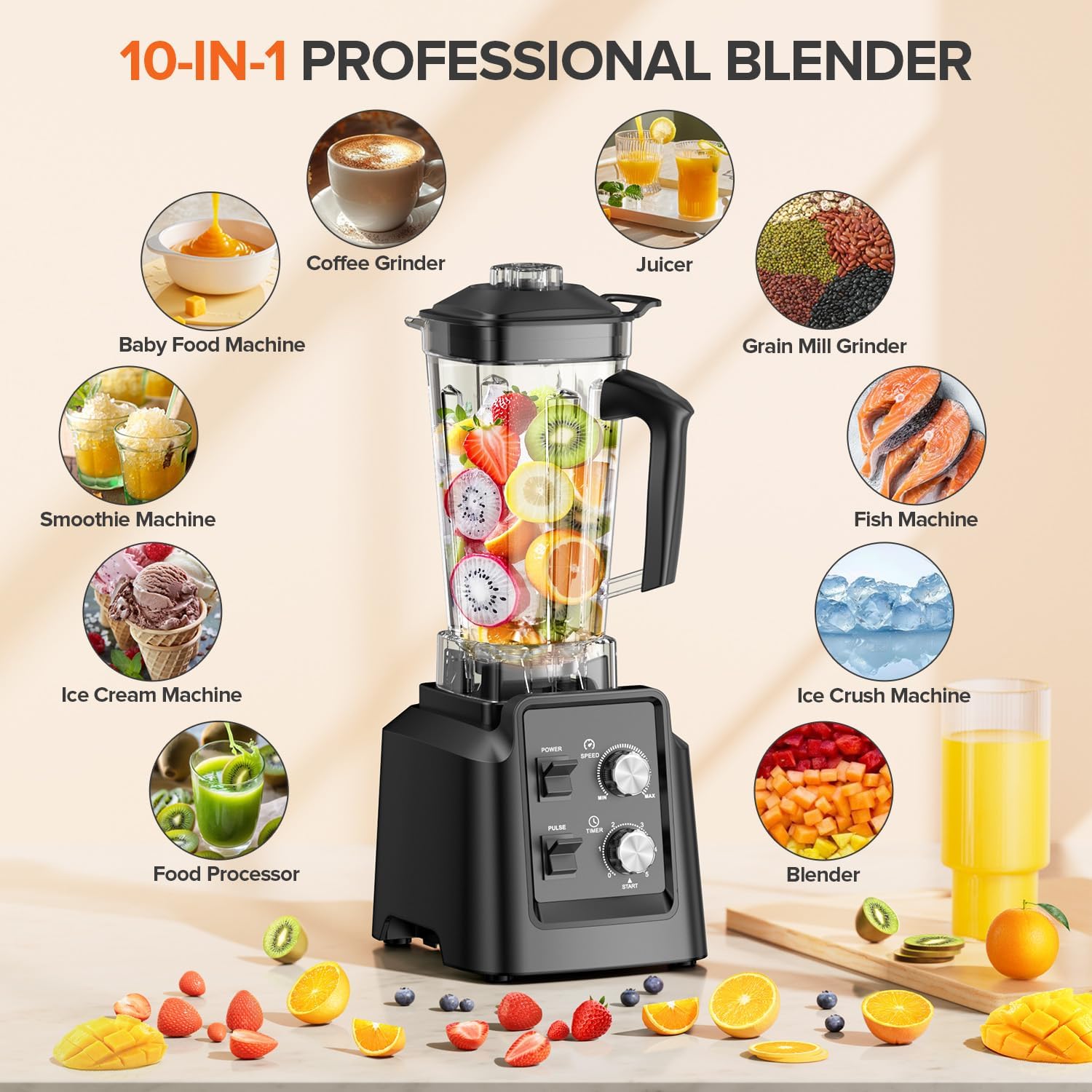 Blender for Smoothies - Countertop Blenders with 68oz Dishwasher-Safe Pitcher, Blenders for Kitchen, Ice Crushing & Frozen Fruit, BPA Free