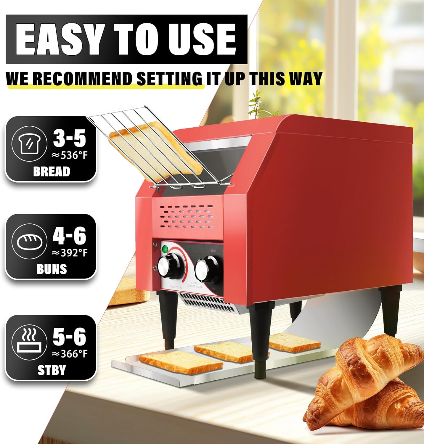Commercial Conveyor Toaster 150 Slices/Hour Red Conveyor Toaster 3 Modes/7 Speeds Stainless Steel Tabletop Toaster for Toast, Bagels and Other Baked Breads