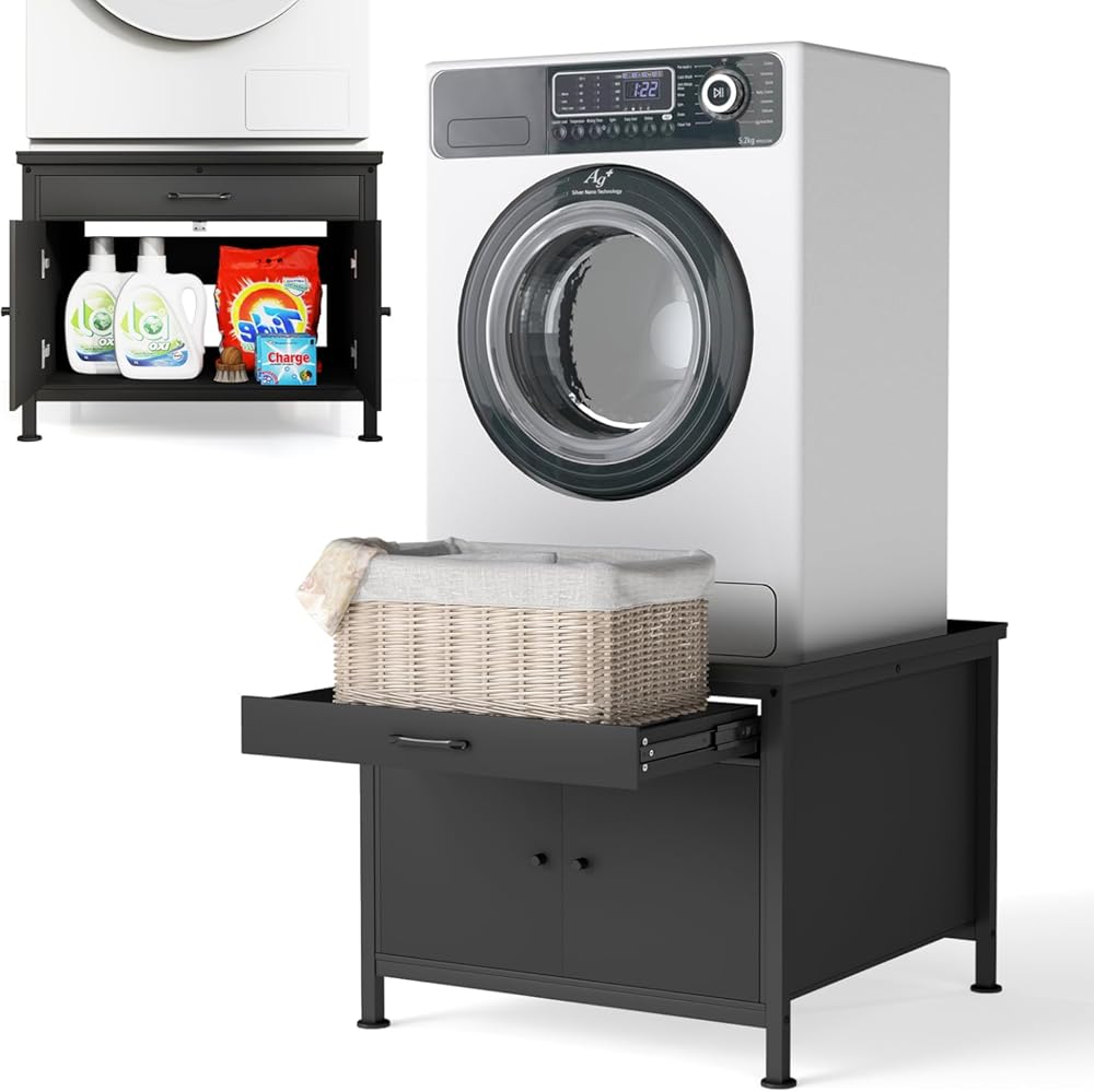 LUCKUP Laundry Pedestal for Washer & Dryer, Heavy Duty Platform Base Stand 29”Universal Fit All Machines w/Laundry Basket Shelf and Built-in Drain Hose