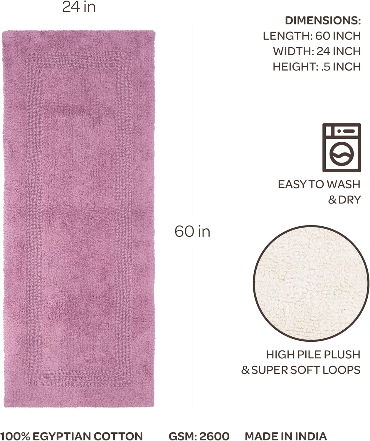 Bedford Home Reversible Long Bath Mat - 60x24-Inch Plush Cotton Bathroom Runner - Machine Washable Bath Mats for Bathroom, Kitchen, or Laundry Room (Pink)