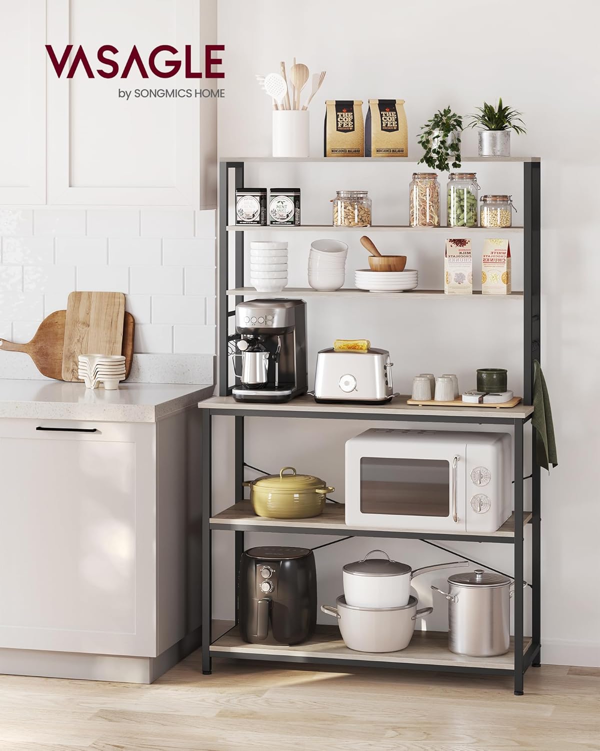 VASAGLE Coffee Bar, 39.4 Inches Baker's Rack for Kitchen with Storage, 6-Tier Kitchen Shelves with 6 Hooks, Microwave Stand, Industrial, Heather Greige and Ink Black UKKS039K02