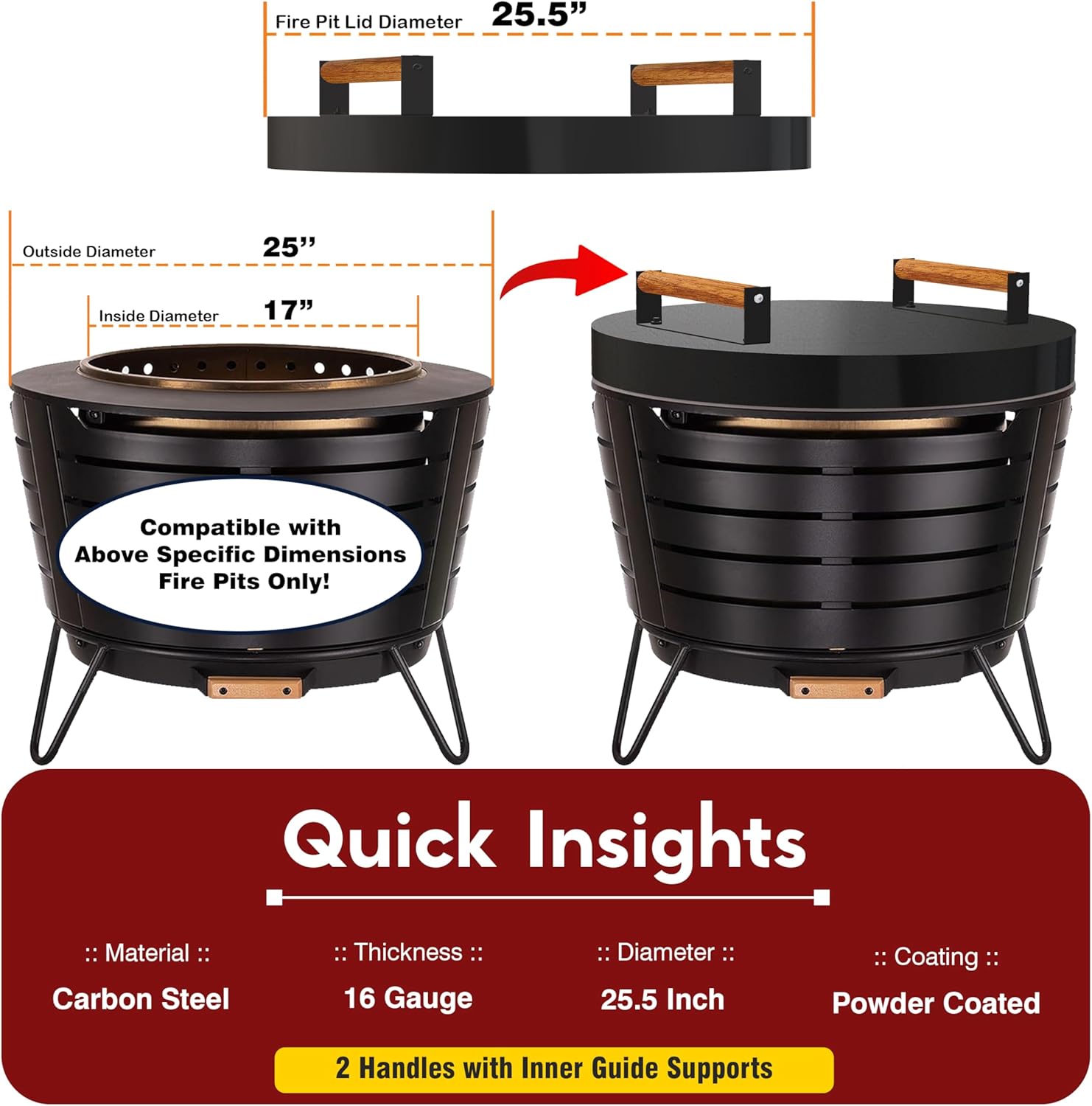 FEBTECH - Tabletop Fire Pit Lid 25.5 Inch - Compatible with Fire Pits Inside Up to 23 Inch - Carbon Steel Tabletop Firepit Shield with Dual Wooden Handles - Firepit Accessories for Bonfire