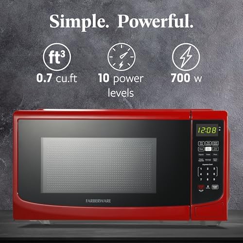Farberware 0.7 Cu. Ft. Countertop Microwave Oven – 700 Watts Power, Auto Cook Settings, Defrost, Easy Clean and Child Safety Lock - Red