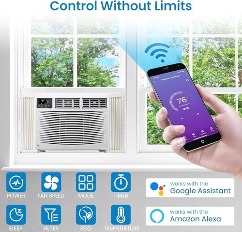10,000 BTU Window Air Conditioner with WiFi, 115V, Window AC Cools up to 750 Sq. Ft for Bedroom, Living Room, Quiet Operation with Remote & App Controll, 3 Fan Mode,Sleep&ECO Mode,Washable Filter